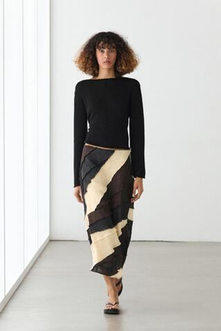 Massimo Dutti Многослойная контрастная льняная юбка миди, коричневый