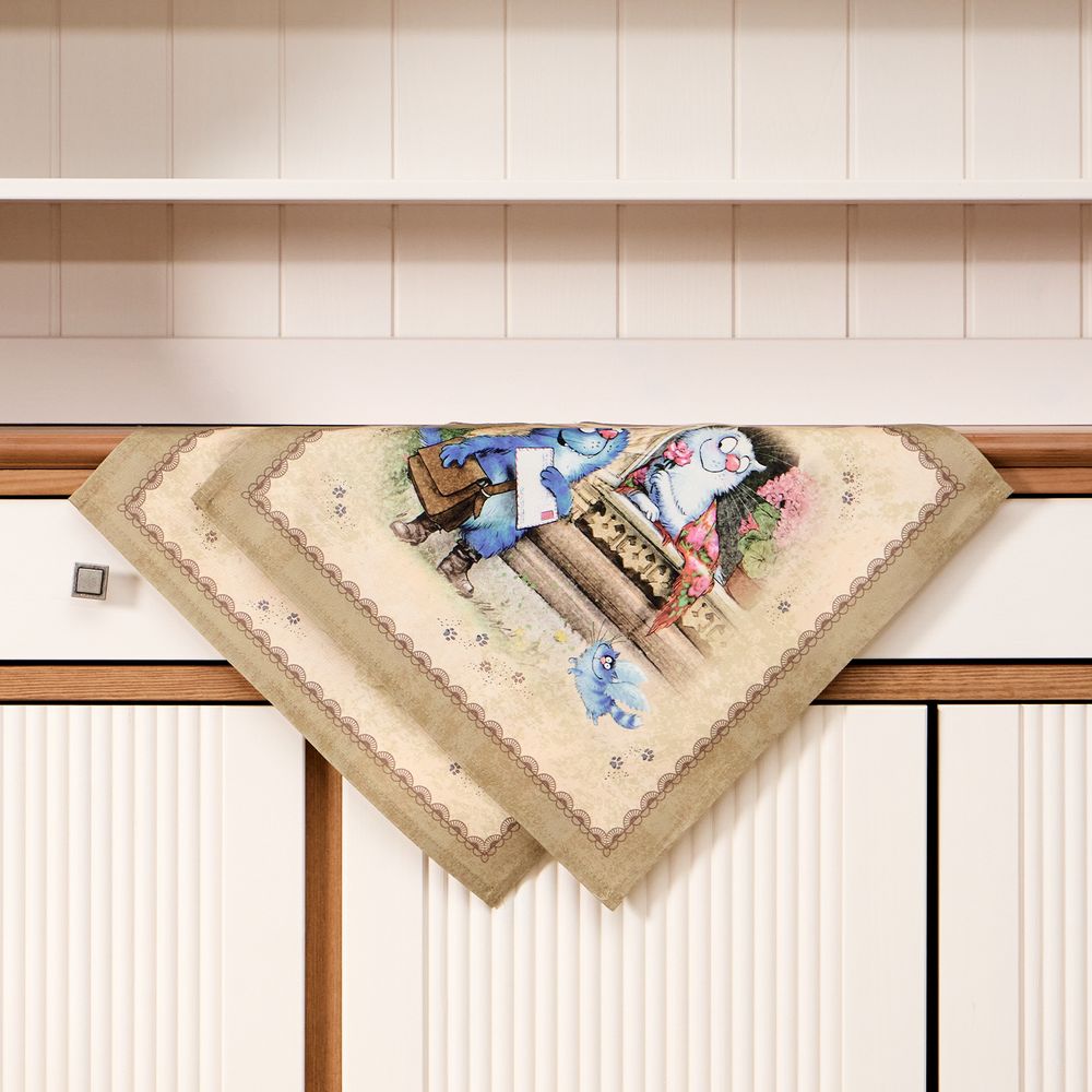 НАБОР САЛФЕТОК ИЗ 2-Х ШТ "СИНИЕ КОТЫ. ЛЮБОВЬ МОЯ",40Х40СМ, 100% ХЛОПОК,ТВИЛ, БЕЖ