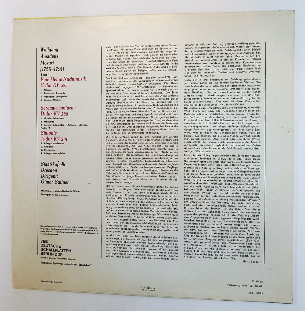Винтажная виниловая пластинка LP W. A. Mozart В.А. Моцарт, Staatskapelle Dresden, Otmar Suitner Eine Kleine Nachtmusik G dur KV 525 Serenata Notturna D dur KV 239 Sinfonie A dur KV 201 (GDR 1970)