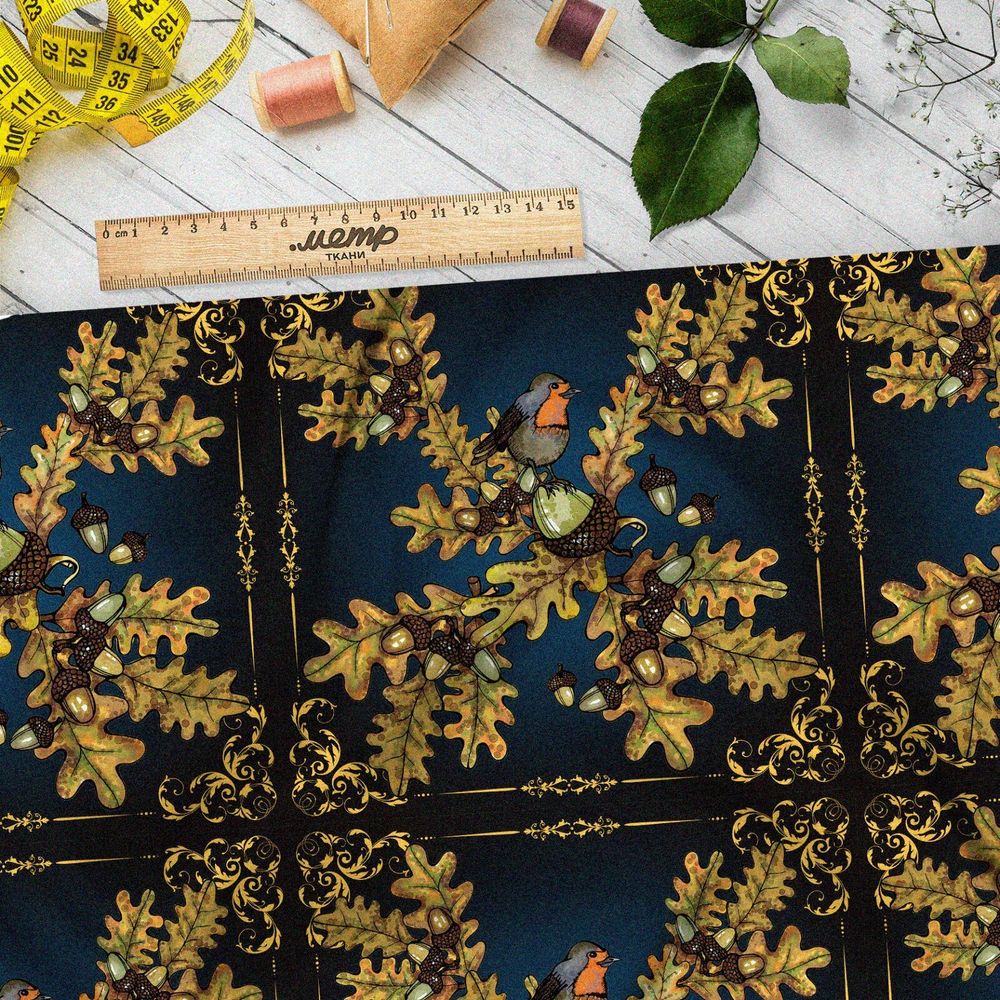 Ткань шелк Армани желуди с листьями