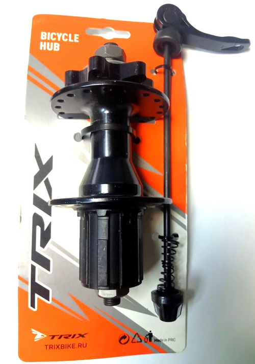 Втулка TRIX задн., алюмин., под диск 6 болтов, под кассету 8/10 ск., на эксцентрике, 36 отверстий, ось 3/8''х135x145мм, черн., инд. упак