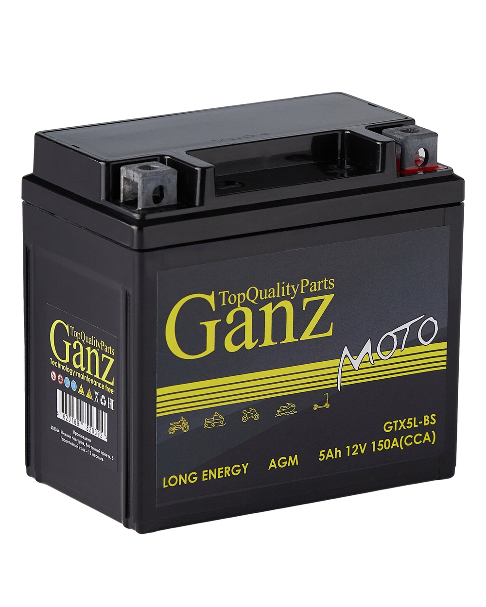 Аккумулятор GANZ мото AGM 5 А/ч обратный R+ 114x69x109 мото EN 150 А