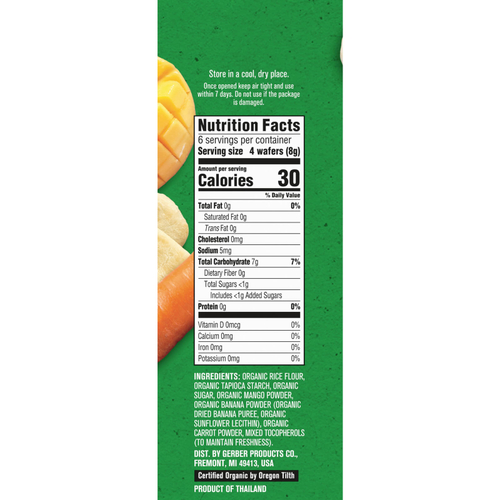 Gerber, Organic for Baby, вафли для защиты зубов, от 7 месяцев, манго, банан и морковь, 12 пакетиков по 2 шт. В индивидуальной упаковке, по 2 вафли