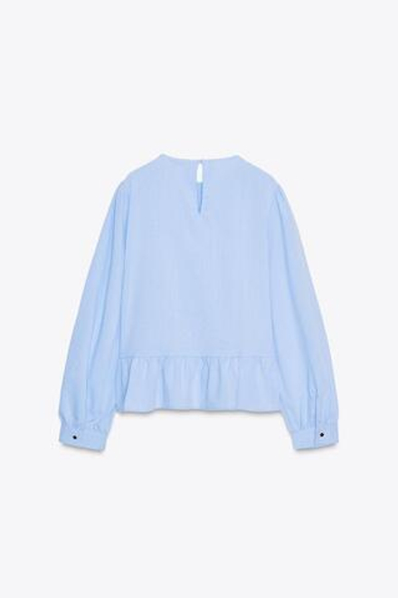 ZARA БЛУЗА С КРУЖЕВОМ И БАСКОЙ, ГОЛУБОЙ