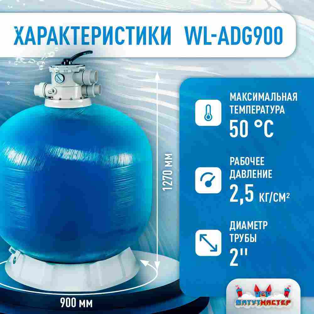 Песочный фильтр WL-ADG900 для бассейна до 240 м³, до 400 кг песка, до 30000 л/ч