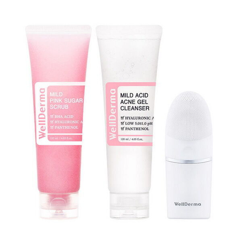Слабокислотный набор для очищения кожи WellDerma G Plus Mild Acid Acne Gel Cleanser & Pink Sugar Scrub Set