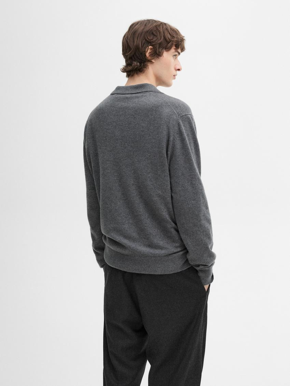 Massimo Dutti Свитер из 100% кашемира с воротником-поло, серый меланж