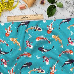 Ткань атлас японские карпы на бирюзовом фоне