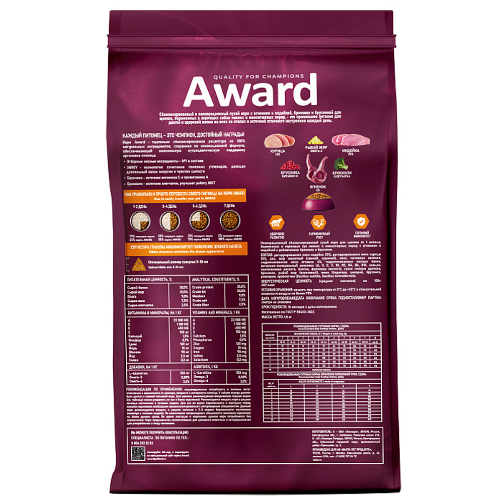 Сухой корм AWARD для щенков от 1 мес, беременных и кормящих сук мелких и мин. пород с ягненком и индейкой с добавлением брокколи и брусники 800г