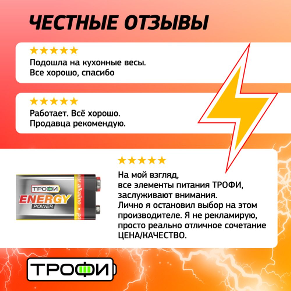 Батарейки Трофи 6LR61-1BL ENERGY POWER Alkaline