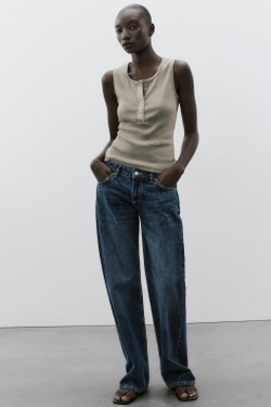 ZARA ТОП В РУБЧИК ИЗ ТКАНИ С ЭФФЕКТОМ ПОТЕРТОСТИ, ХАКИ