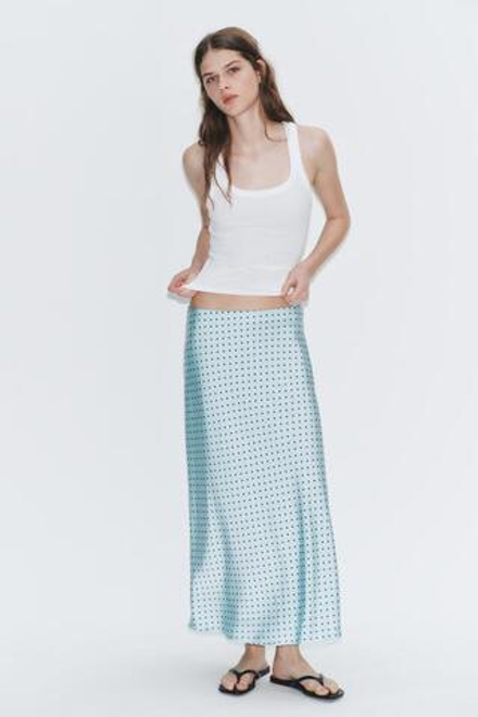 ZARA АТЛАСНАЯ ЮБКА МИДИ, ГОЛУБОЙ