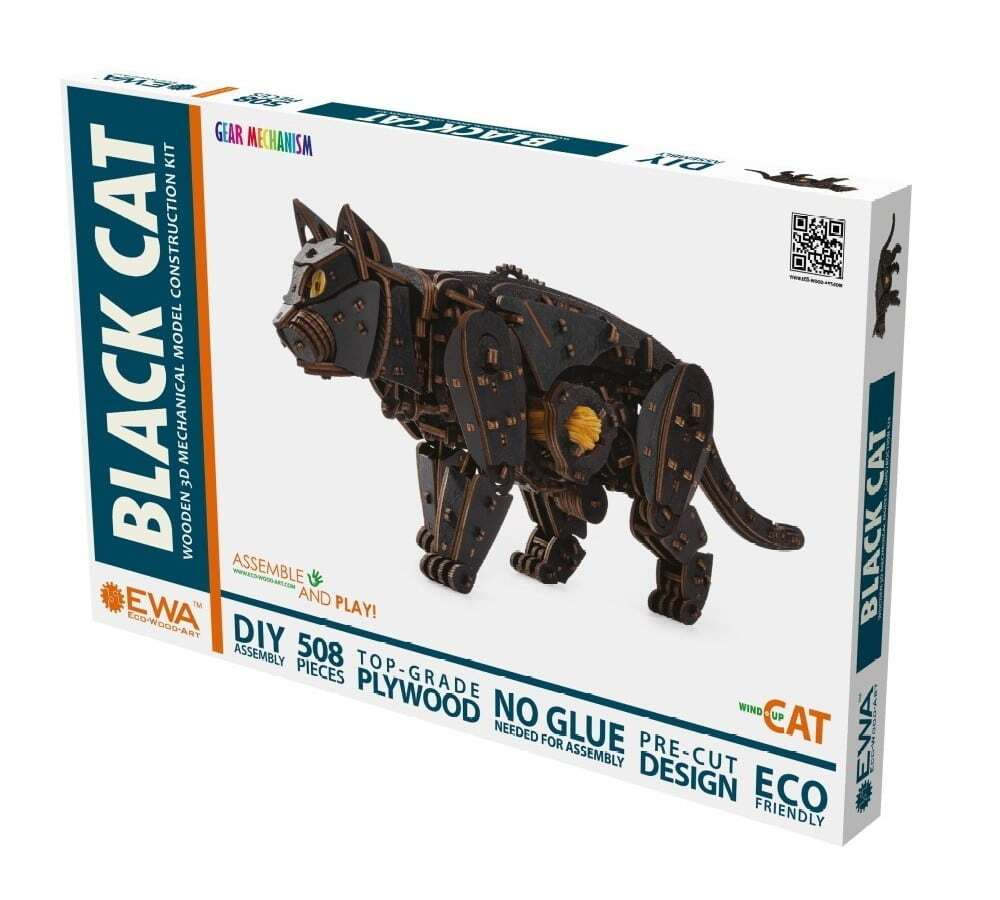 Механический Черный Кот от Eco Wood Art (EWA) - Деревянный конструктор, сборная механическая модель, 3D Пазл