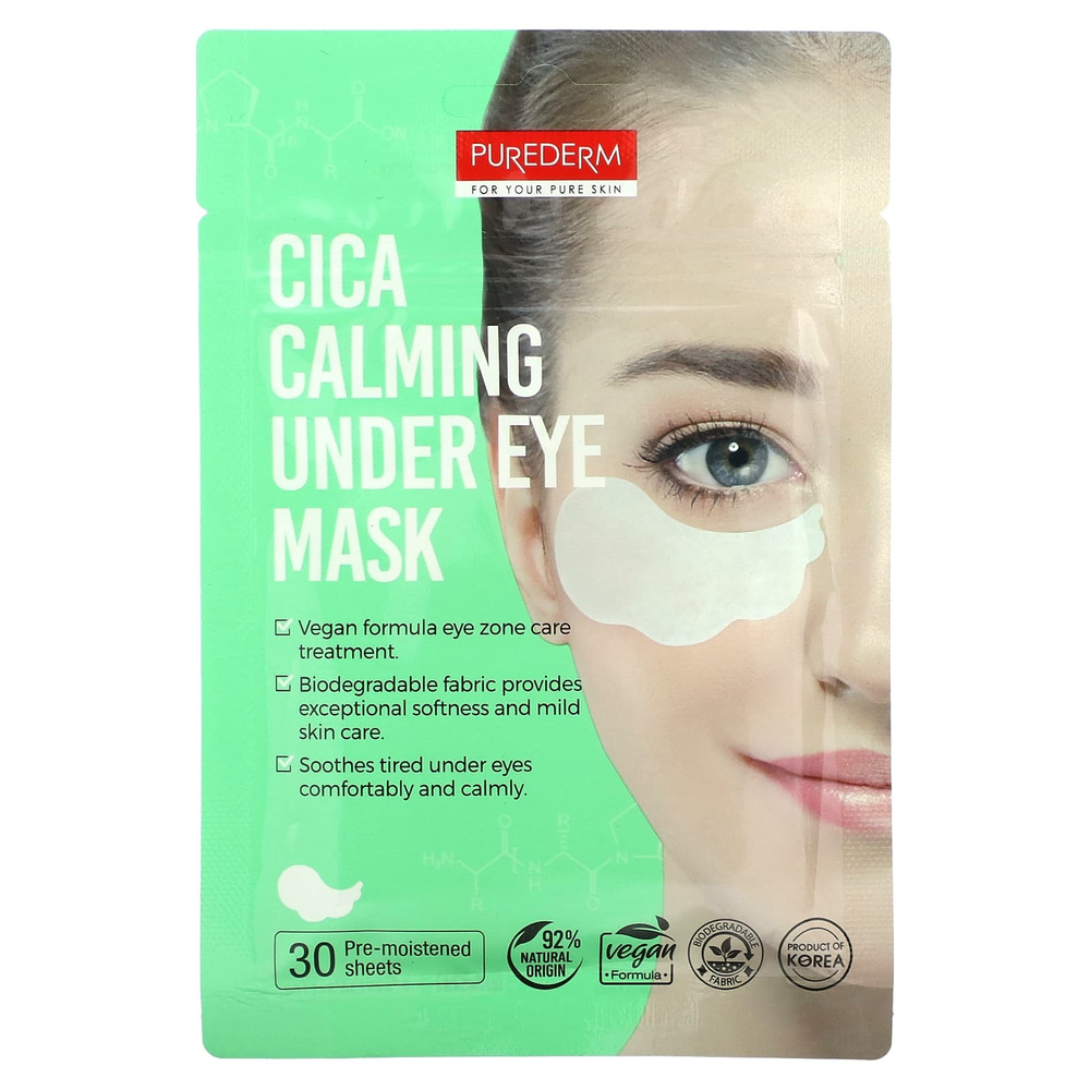 Purederm, Cica успокаивающая косметическая маска под глазами, 30 предварительно увлажненных тканевых масок