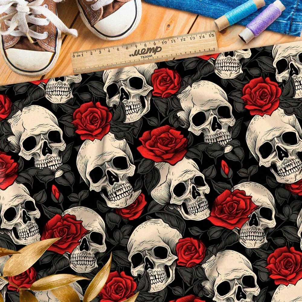 Ткань премиум Оксфорд 600D черепа на черном