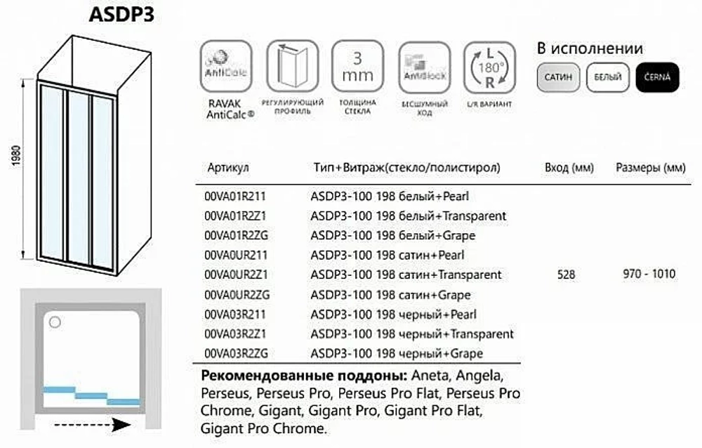 Душевой уголок Ravak Supernova ASDP3+APSS 100х90 профиль черный/стекло матовое