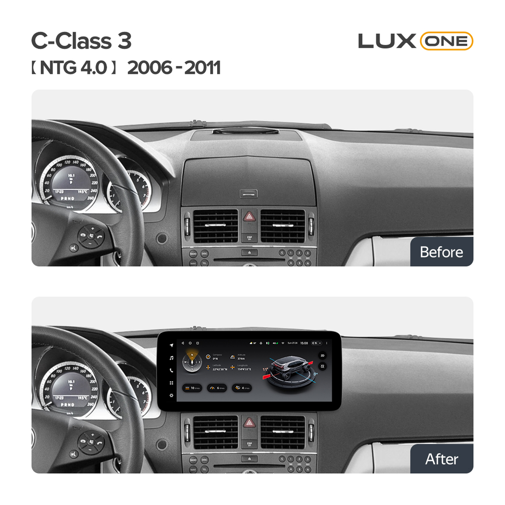 Магнитола для Mercedes-Benz C-класс W204 2007-2011 (NTG 4.0) - Teyes LUX ONE 360 монитор 12.3" 2K QLED на Android 10, 6Гб+128Гб, CarPlay, 4G SIM-слот, 4 камеры в комплекте