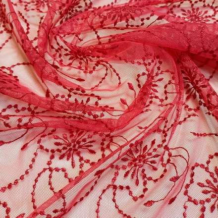 Сетка эластичная, с вышивкой, красная