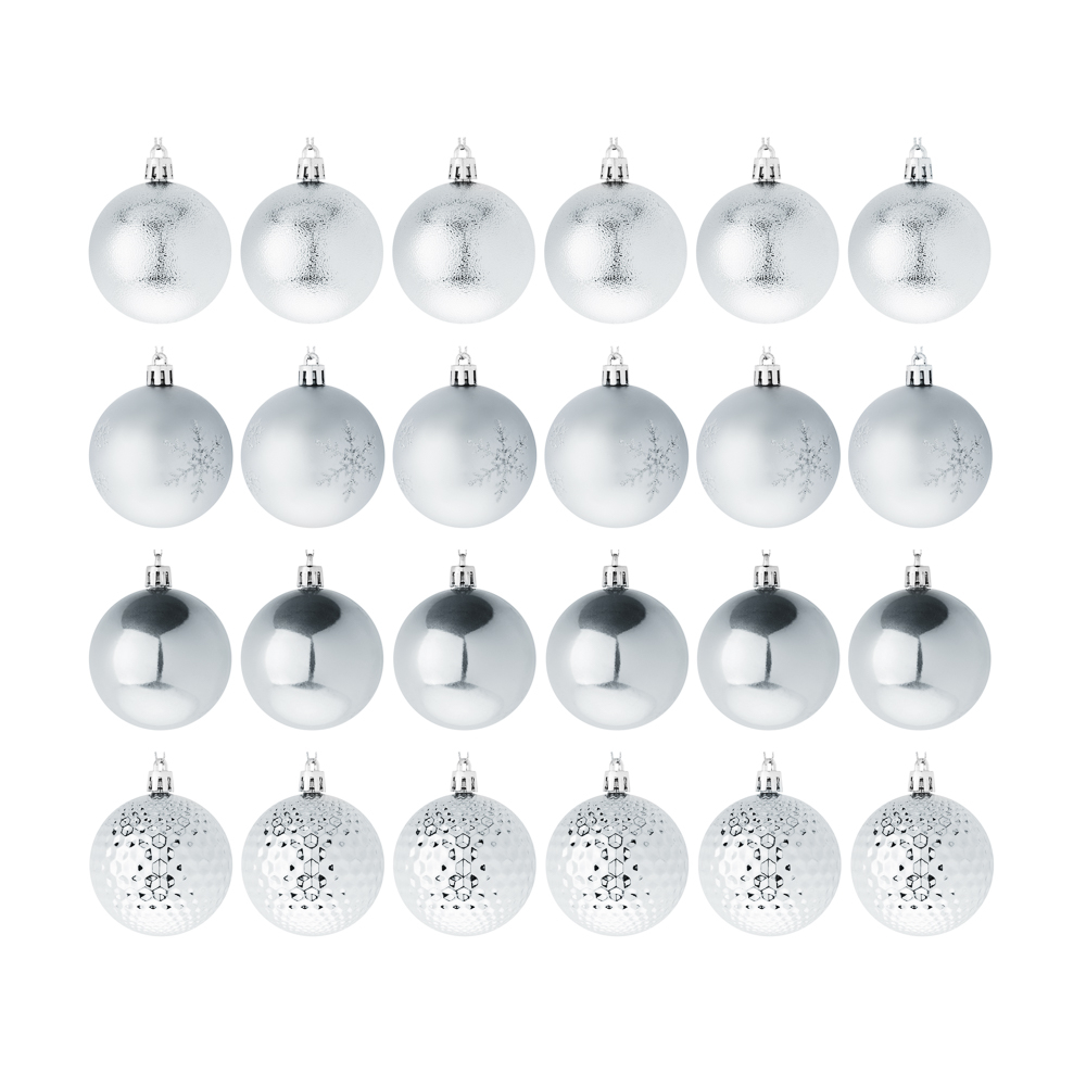 Набор шаров 24шт 6см серебро (глянец: 12шт, матовые: 6шт, глиттер: 6шт) JNPM25-02-S