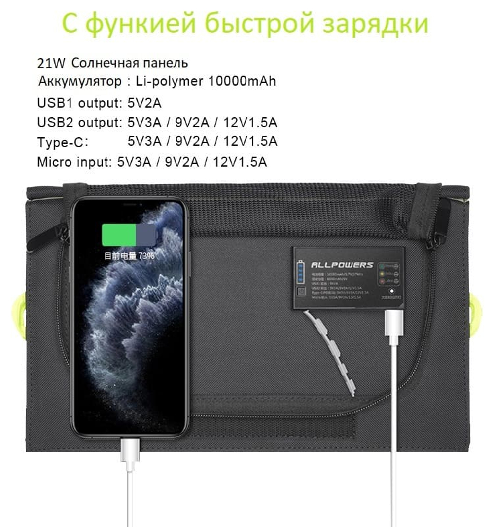 Портативная солнечная панель Allpowers 21 Вт с аккумулятором 10 000 мА*ч (Q0101)