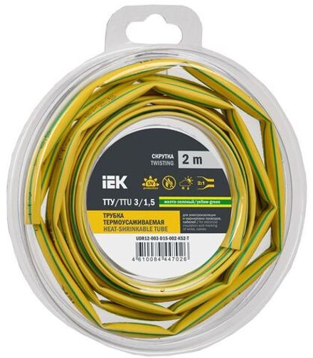 Трубка термоусадочная ТТУ нг-LS 3/1.5 желт./зел. (уп.2м) IEK UDR12-003-D15-002-K52-T