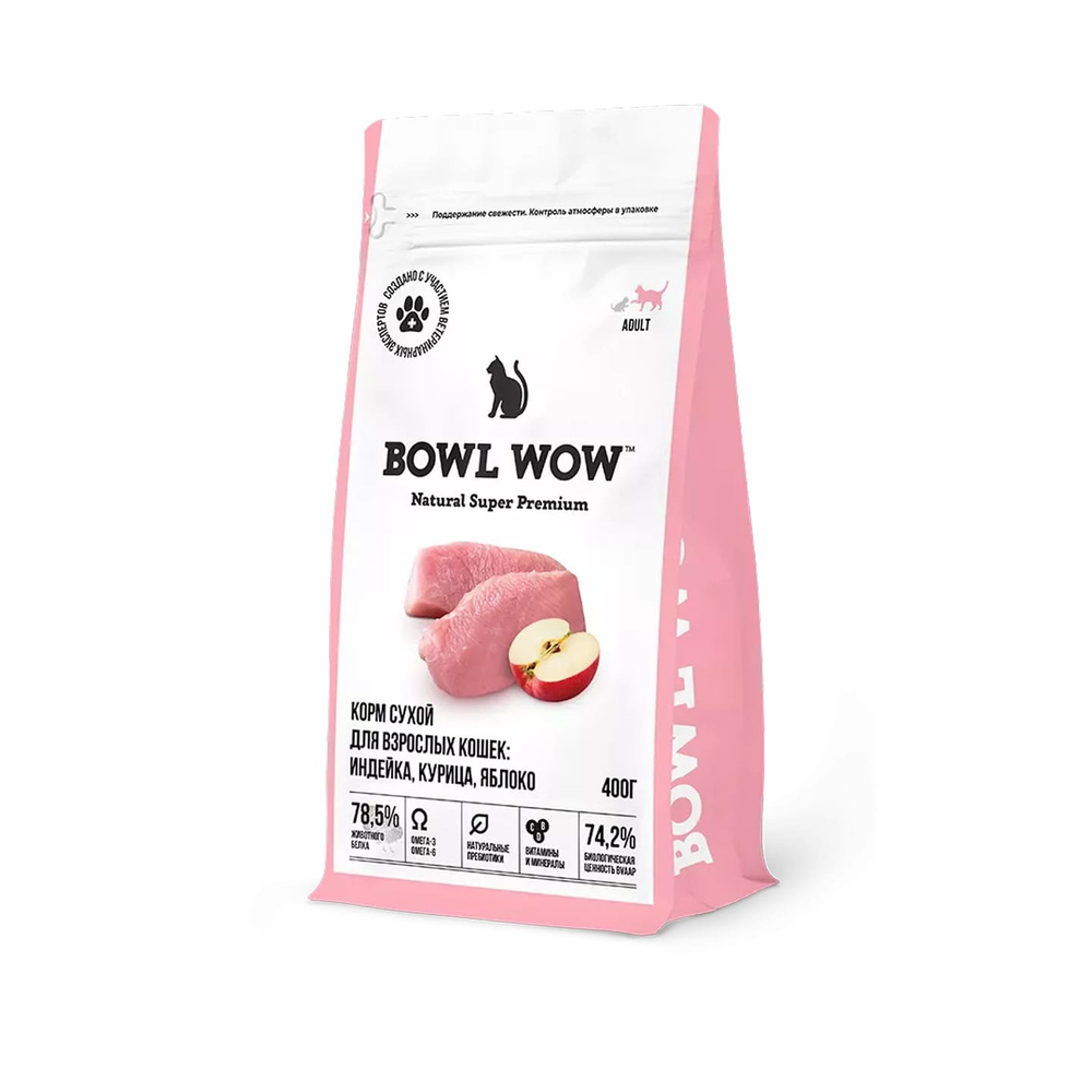 Сухой корм Bowl Wow для кошек с индейкой, курицей и яблоком - 0,4 кг