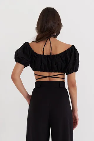 Топ со сборкой и завязками из шитья черного цвета