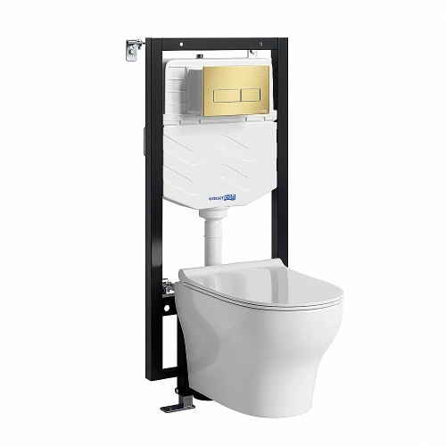 Унитаз подвесной WasserKRAFT Berkel 56TLT.010.ME.MG03.H001 безободковый, с инсталляцией Vils 56, с крышкой микролифт, белый/кнопка золото матовое