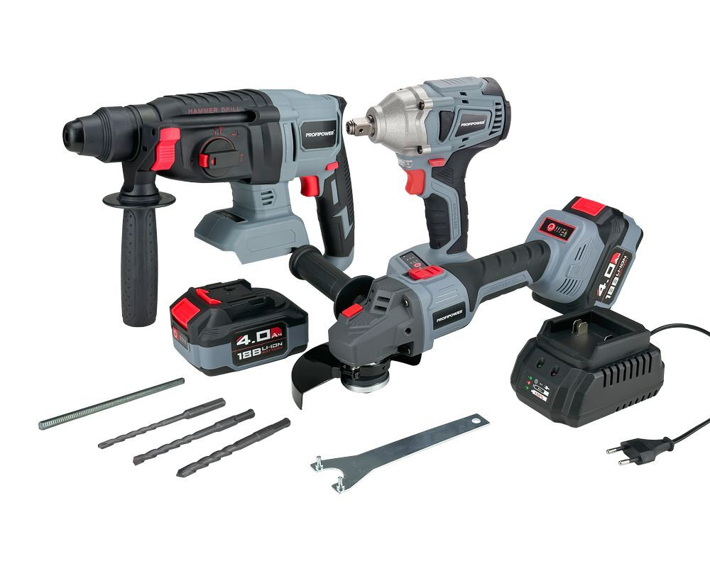 Аккумуляторный бесщеточный НАБОР 3в1 PROFIPOWER ProfiSet 3D18 (Li-ion-2шт, 4Ач, З/У, в кейсе, E0080, E0081, T0058)