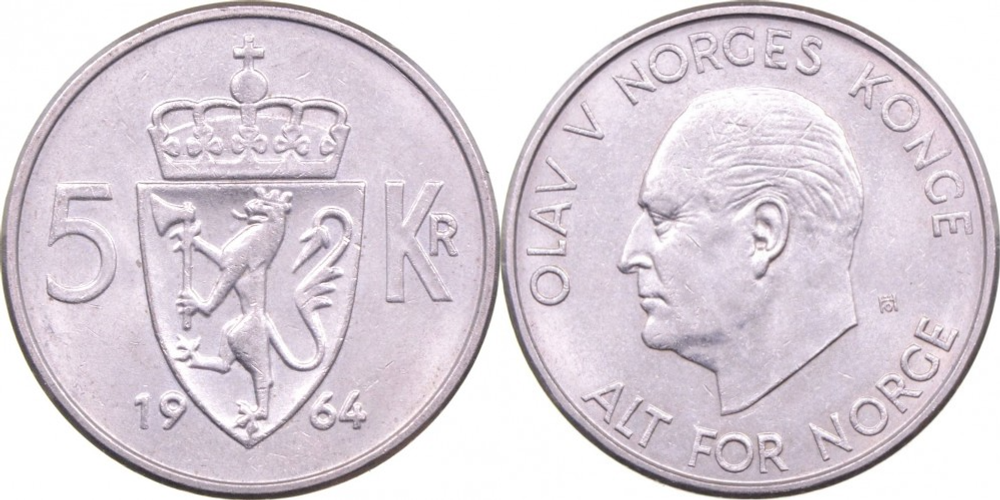 Норвегия 5 крон, 1963 - 1973 Король Улаф V XF