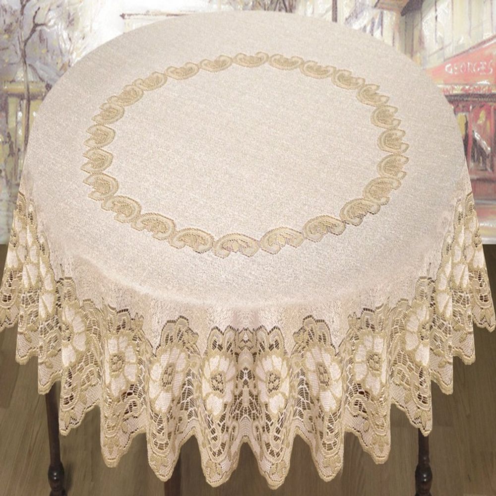 Скатерть жаккардовая круглая, цвет кремово-золотистый, Польша. Скатерть жаккардовая круглая, цвет кремово-золотистый, Польша.