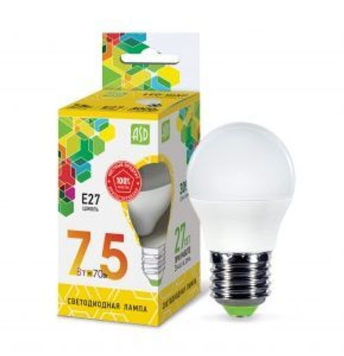 Лампа светодиодная LED-ШАР 7,5Вт 220В Е27 3000К 600Лм ASD РАСПРОДАЖА