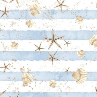 Принт с морскими звездами и ракушками на полосатом фоне