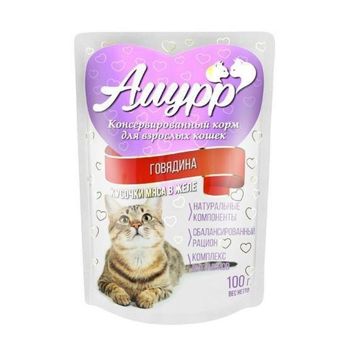 Амурр Влажный корм для взрослых кошек, говядина в желе, 100 г