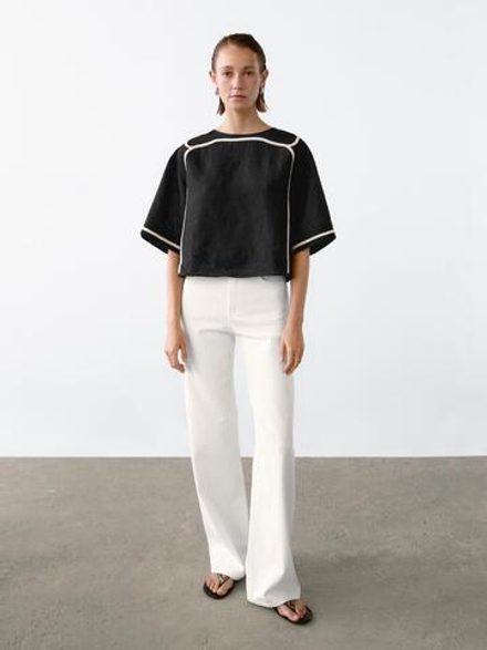 Massimo Dutti Блуза с контрастной вышивкой, черный