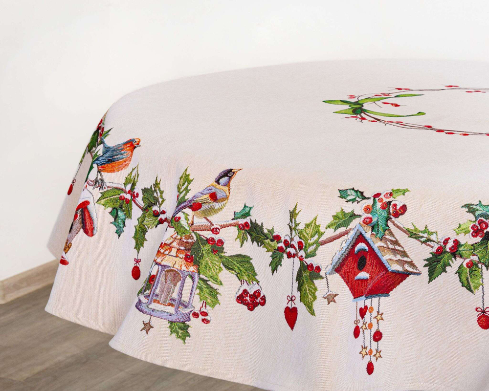 Скатерть 165см Mix&Match Home Зимний пир Скворечники бежевая