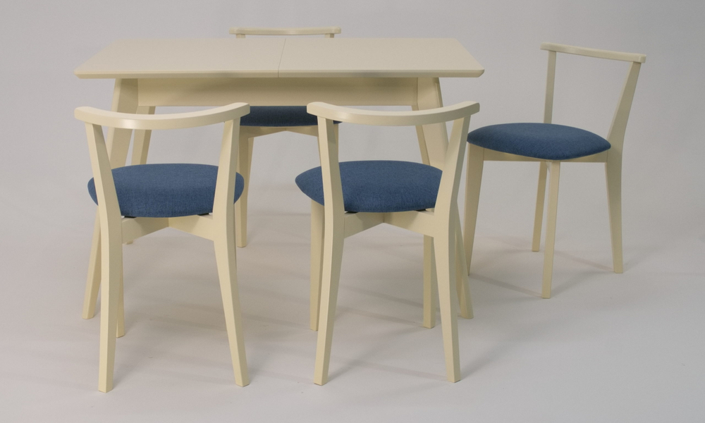 Стол Zip-mebel Сканди 120 слоновая кость со стульями Франк слоновая кость рогожка синий