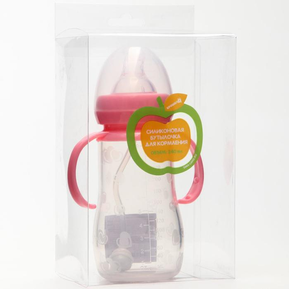 4780651 Бутылочка для кормления силиконовая, с ручками, 240 мл., цвет розовый, антиколик