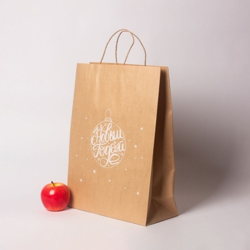 Пакеты бумажные, 30x40x13, "Шар С Новым Годом", коричневый