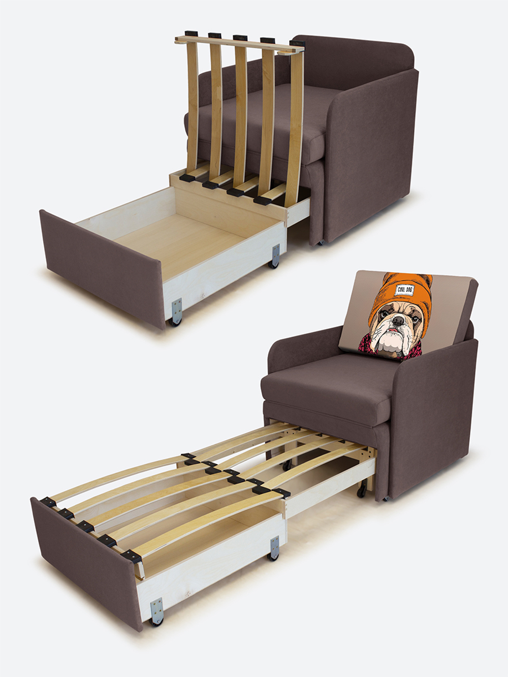 Кресло-кровать "Миник" с подлокотниками Dream Chocolate, купон Бульдог