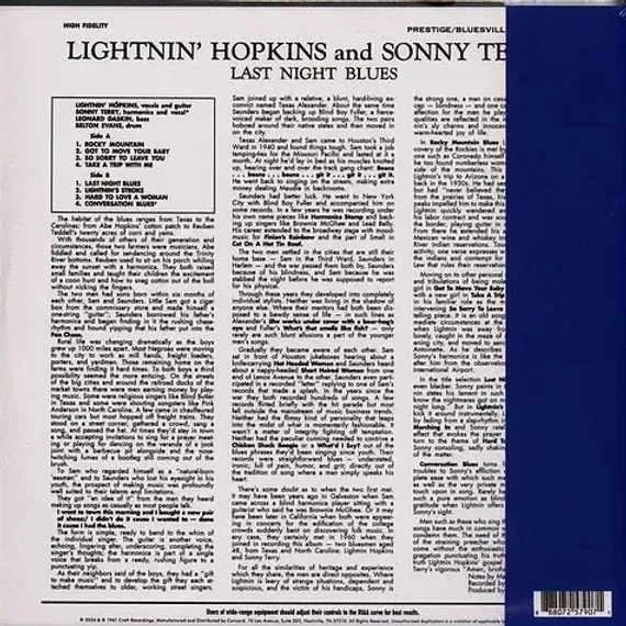 Lightnin Hopkins With Sonny Terry – Last Night Blues (Acoustic Sounds) LP