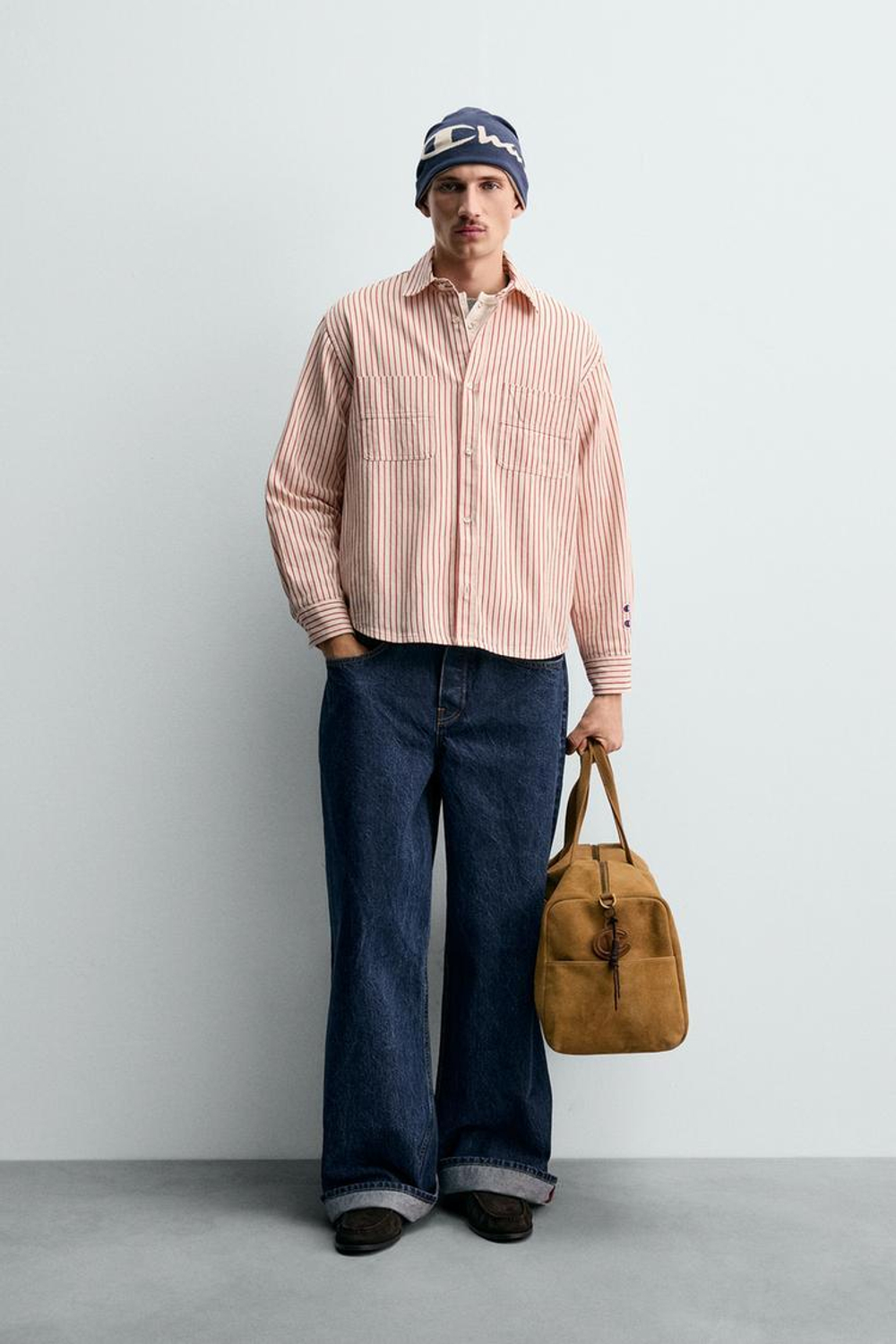 ZARA Х CHAMPION ® РУБАШКА В ПОЛОСКУ С НАШИВКАМИ, БЕЛЫЙ/КРАСНЫЙ