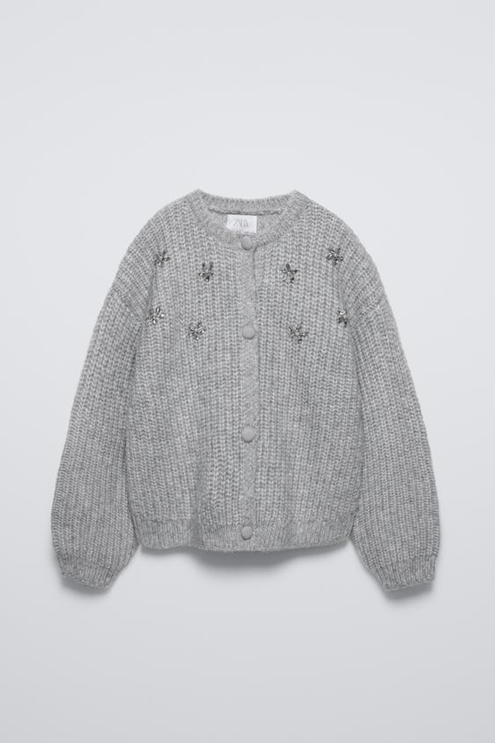 ZARA КАРДИГАН С ПУГОВИЦАМИ И СТРАЗАМИ, ЖЕМЧУЖНО-СЕРЫЙ