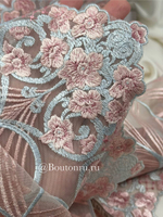 Кружево голубое с розовыми цветами и узорами 140-185 мм
