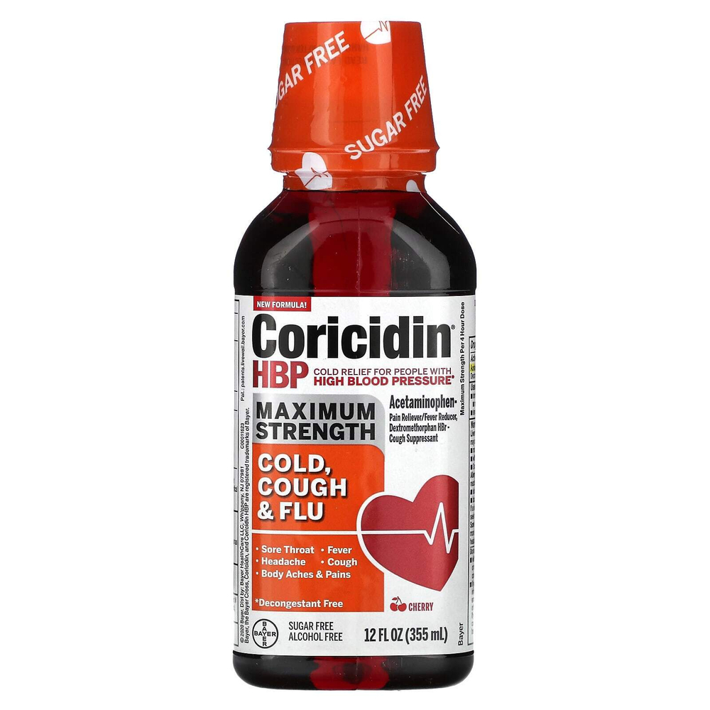 Coricidin HBP, От простуды от кашля и гриппа, максимальная эффективность, вишня, 355 мл (12 жидк. унц.)