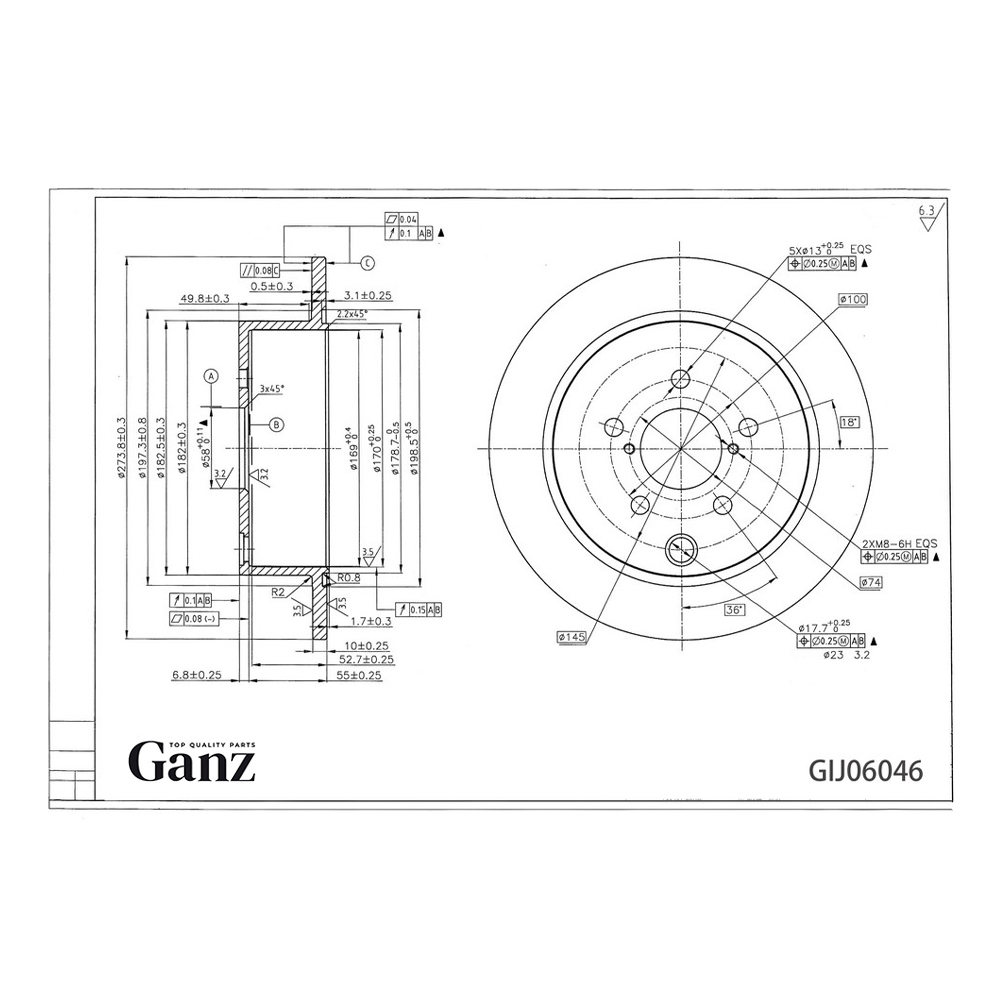Диск тормозной GANZ задний с покрытием SUBARU Forester / Impreza / XV 11 Арт.: GIJ06046