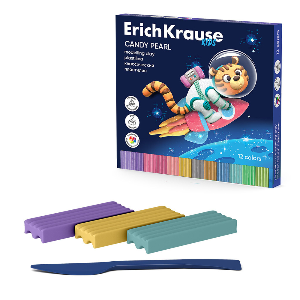 Пластилин 12цв 216гр. Erich Krause Kids Space Animals Candy Pearl со стеком