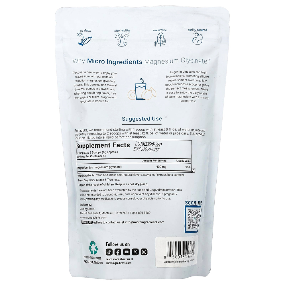 Micro Ingredients, глицинат магния в порошке, со вкусом персика, 340 г (12 унций)