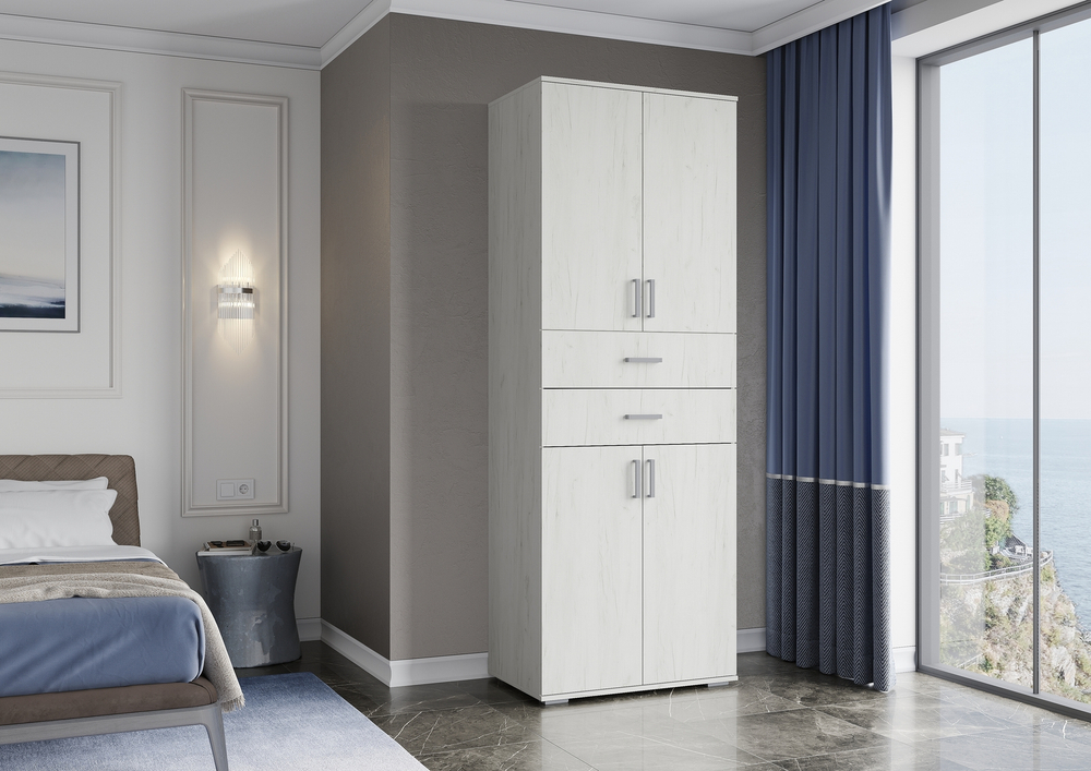 НЕЛЬСОН-5 Шкаф 2-х дверный с полками и ящиками Дуб крафт белый / Дуб крафт белый