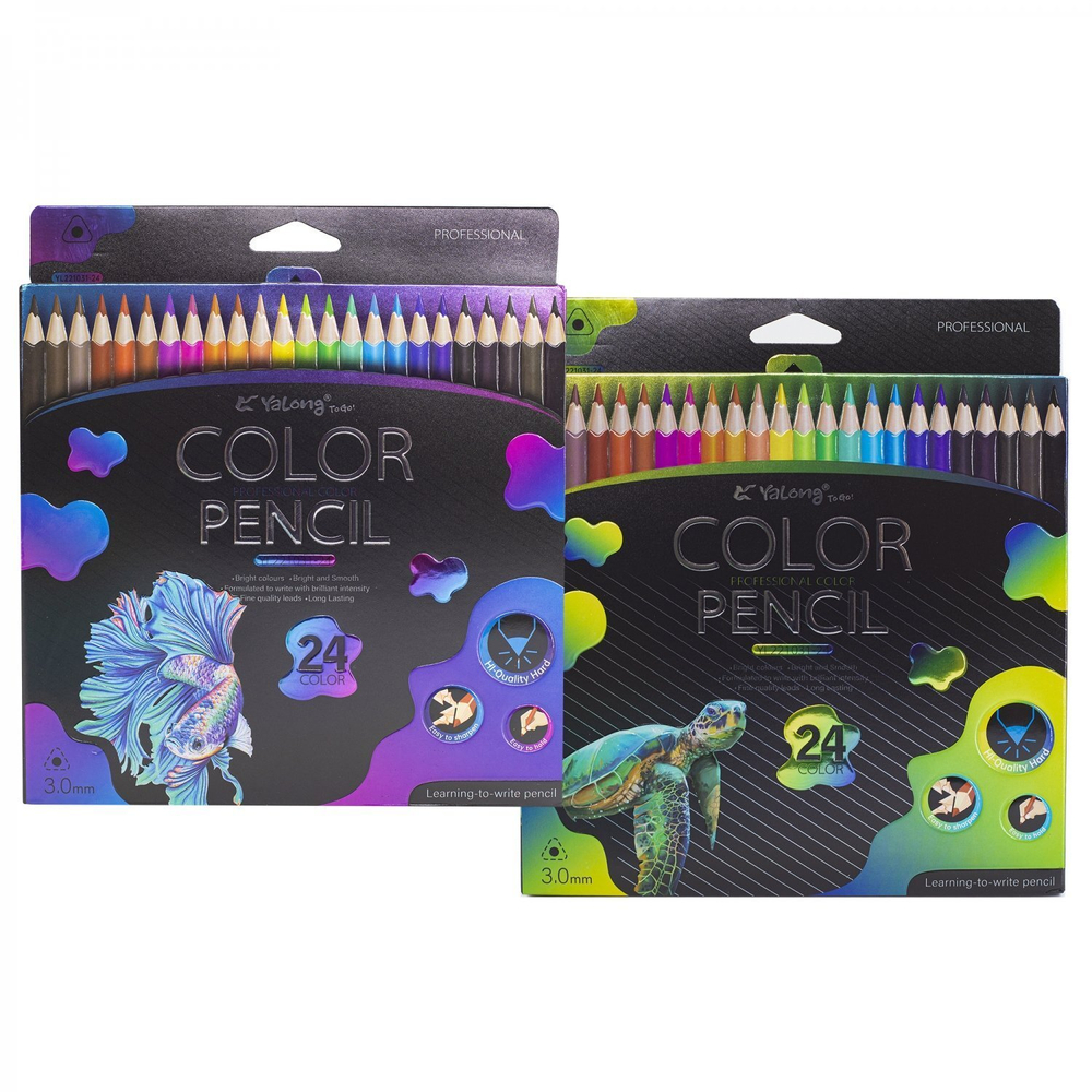 Карандаши цветные Yalong 24 цв., "Неоновые животные" (птицы,рыба, черепаха) деревянные, трехгранные, заточенные, грифель 3.0 мм, картон. уп., европод.